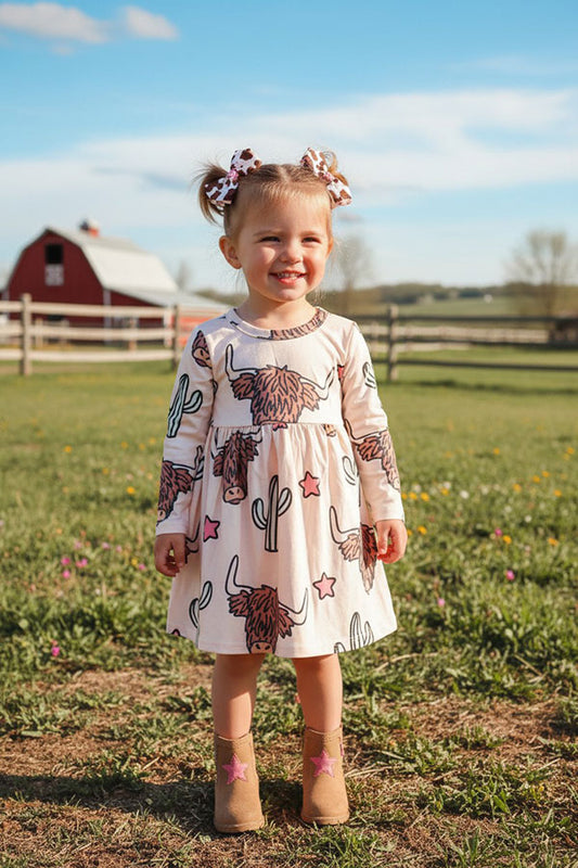 Bulls & Cactus & Stars print long sleeve girls dress DLH2865