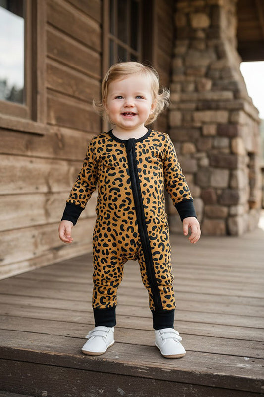 Leopard printed double zippers long sleeve baby romper DLH2866