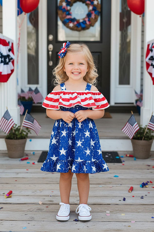 Girls dress suppliers 4th July red stripes & blue stars prints & off shoulder DLH2870