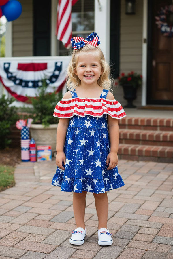 Girls dress suppliers 4th July red stripes & blue stars prints & off shoulder DLH2870