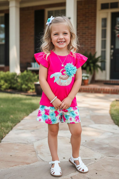 Trendy Fuchsia top & floral prints shorts girls boutique sets DLH2873