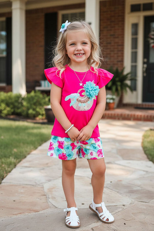 Trendy Fuchsia top & floral prints shorts girls boutique sets DLH2873