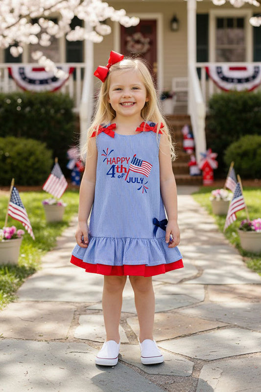Girls dress wholesale HAPPY 4th july & AMERICAN flag embroidery & blue stripes DLH2874