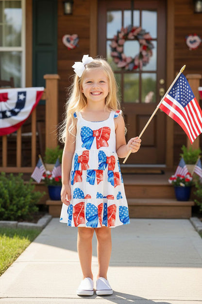 4th July red white blue bow prints sleeveless girls dress DLH2875