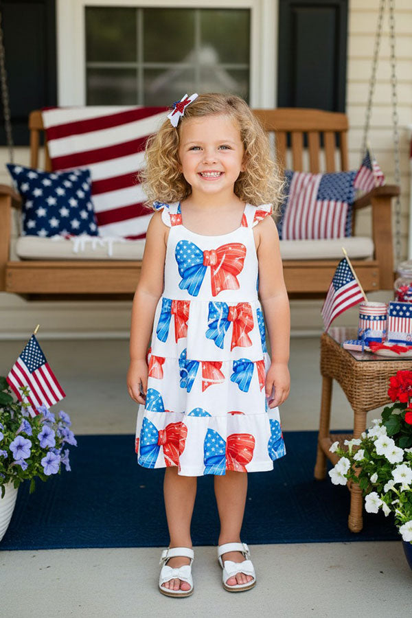 4th July red white blue bow prints sleeveless girls dress DLH2875