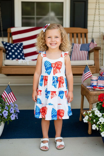 4th July red white blue bow prints sleeveless girls dress DLH2875