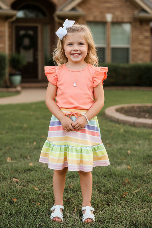 Chic Coral flutter short sleeves top & striped shorts girls boutique sets DLH2879