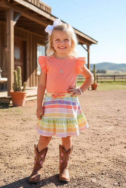 Chic Coral flutter short sleeves top & striped shorts girls boutique sets DLH2879
