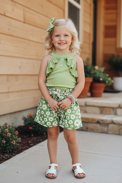 Trendy Green ribbed knitted fabric halter top & floral printed shorts 3pcs girls boutique sets DLH2880