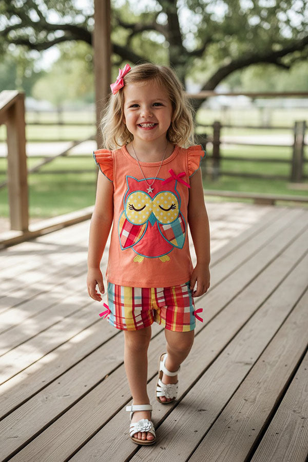 Chic plaid owl embroidery coral top & shorts girls boutique sets DLH2883