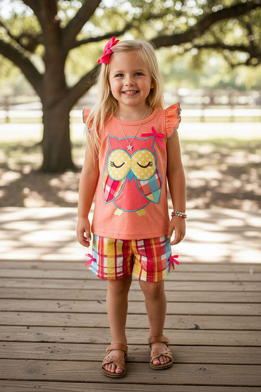 Chic plaid owl embroidery coral top & shorts girls boutique sets DLH2883