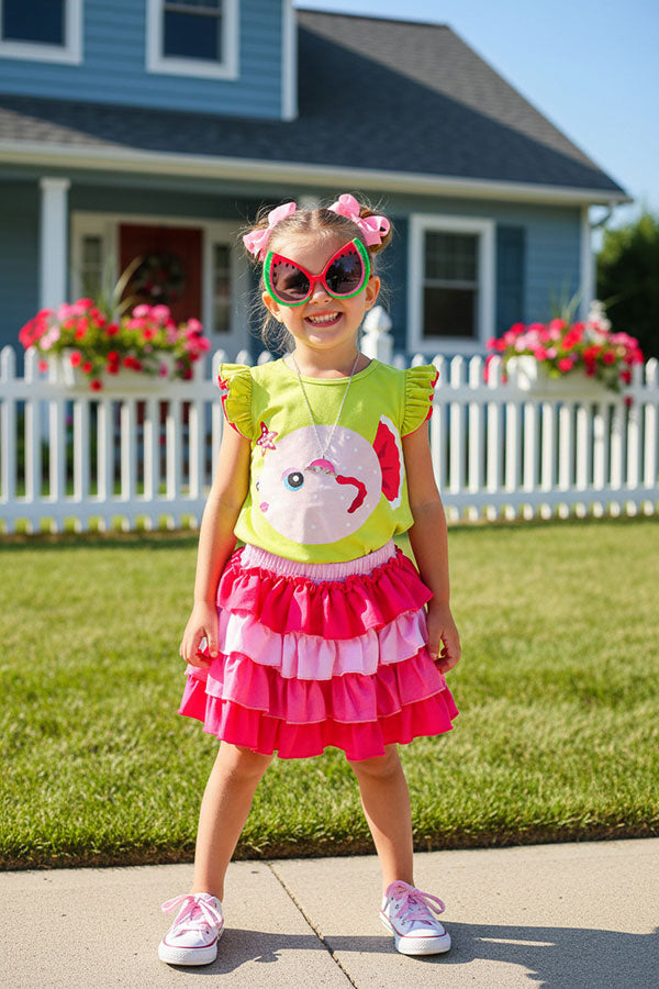 Cute fish printed ruffle short sleeves top & pink skirt 2pc girls set DLH2889
