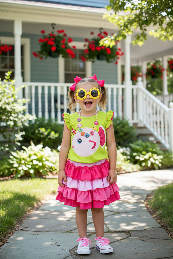 Cute fish printed ruffle short sleeves top & pink skirt 2pc girls set DLH2889