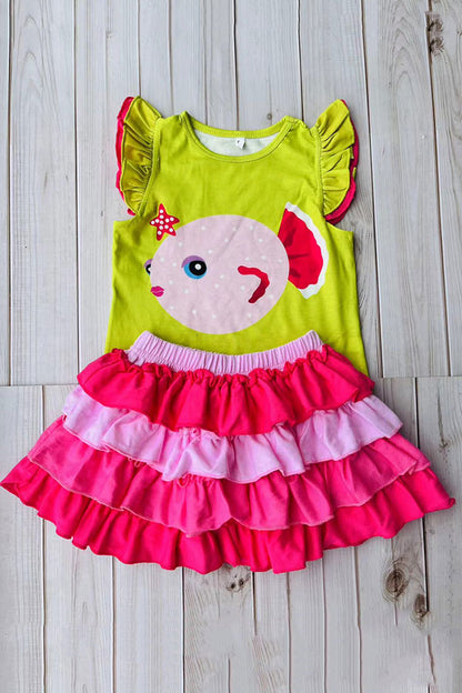 Cute fish printed ruffle short sleeves top & pink skirt 2pc girls set DLH2889