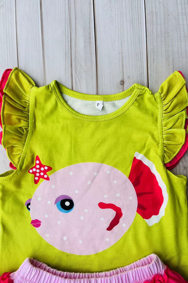 Cute fish printed ruffle short sleeves top & pink skirt 2pc girls set DLH2889