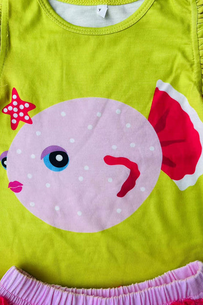 Cute fish printed ruffle short sleeves top & pink skirt 2pc girls set DLH2889