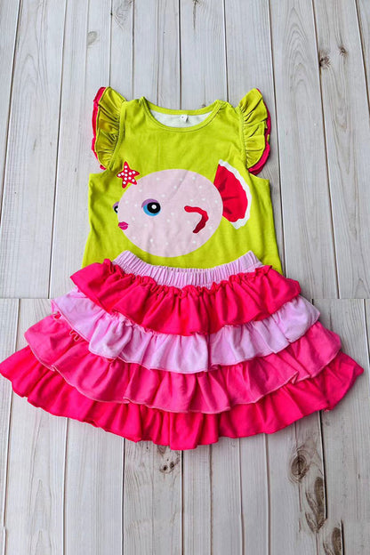 Cute fish printed ruffle short sleeves top & pink skirt 2pc girls set DLH2889