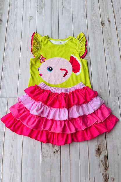 Cute fish printed ruffle short sleeves top & pink skirt 2pc girls set DLH2889