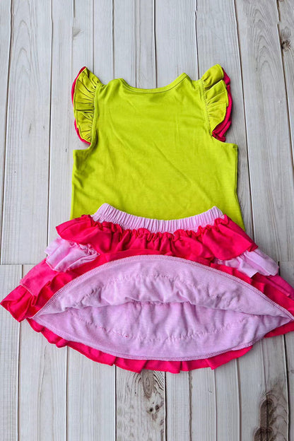 Cute fish printed ruffle short sleeves top & pink skirt 2pc girls set DLH2889