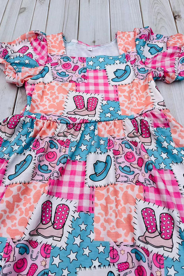 Western rodeo short sleeve girls boutique dress DLH2891