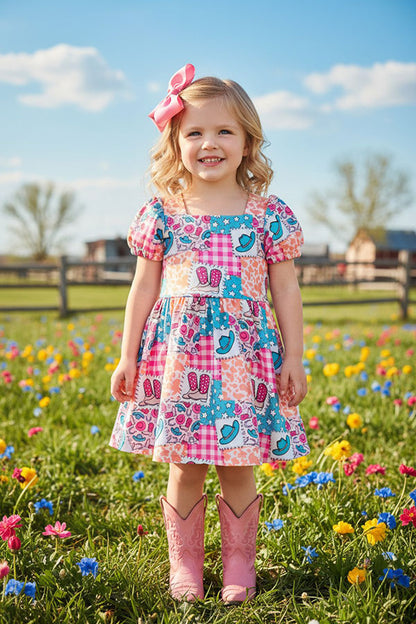 Western rodeo short sleeve girls boutique dress DLH2891
