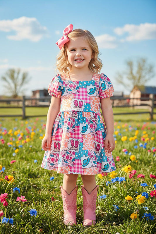 Western rodeo short sleeve girls boutique dress DLH2891