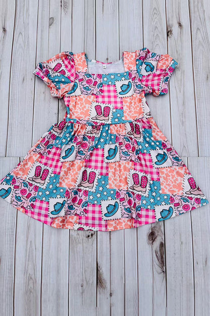 Western rodeo short sleeve girls boutique dress DLH2891