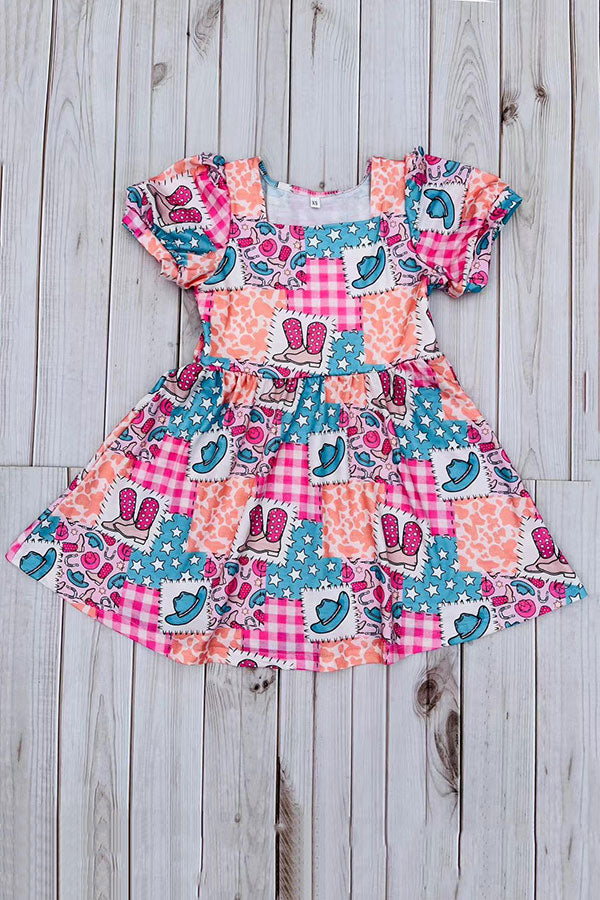 Western rodeo short sleeve girls boutique dress DLH2891