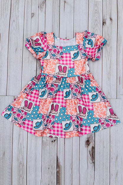 Western rodeo short sleeve girls boutique dress DLH2891