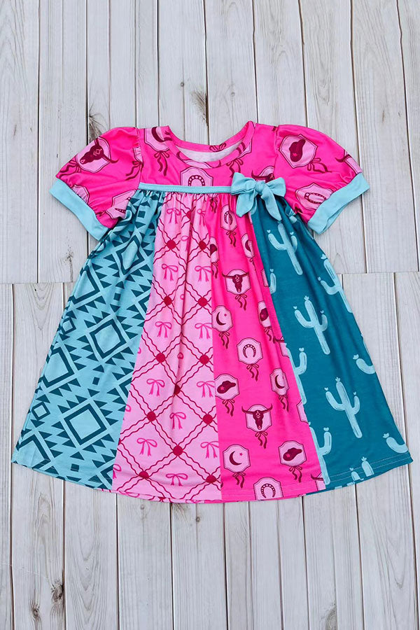 Western turquoise pink patchwork short sleeve girls boutique dress DLH2892 Kids XXS-6/12 MONTHS