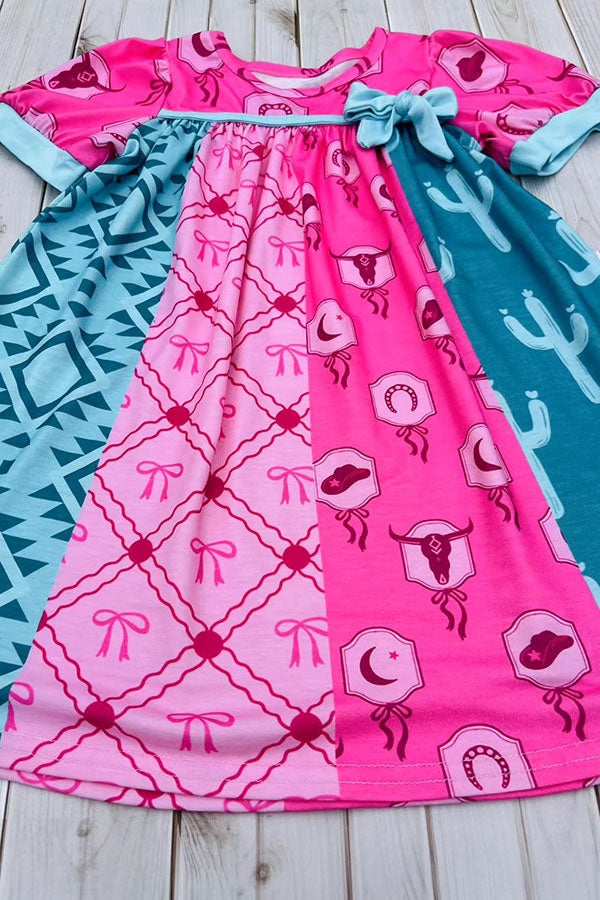 Western turquoise pink patchwork short sleeve girls boutique dress DLH2892