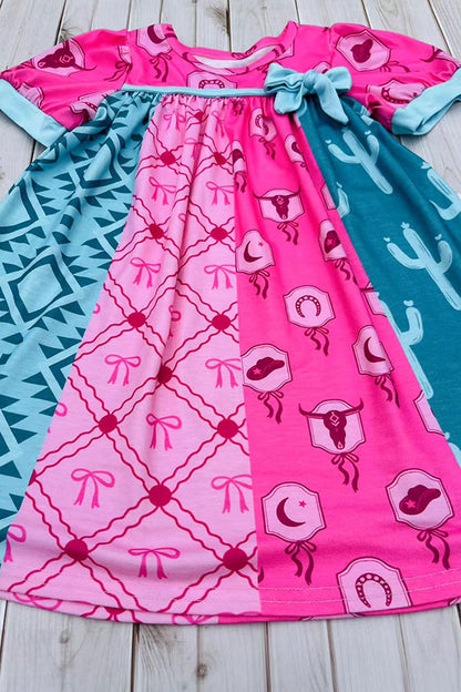 Western turquoise pink patchwork short sleeve girls boutique dress DLH2892