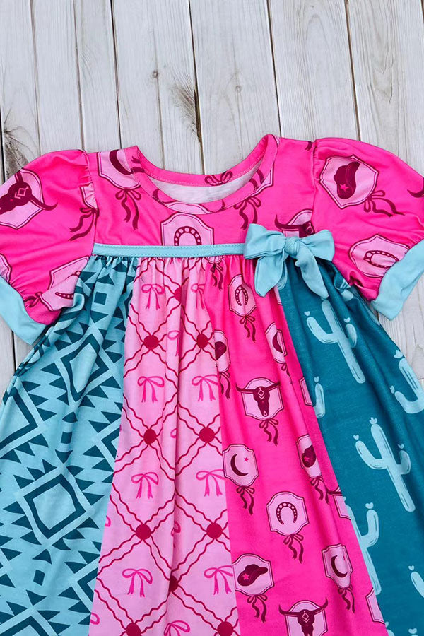 Western turquoise pink patchwork short sleeve girls boutique dress DLH2892