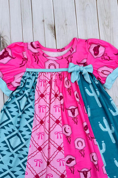 Western turquoise pink patchwork short sleeve girls boutique dress DLH2892