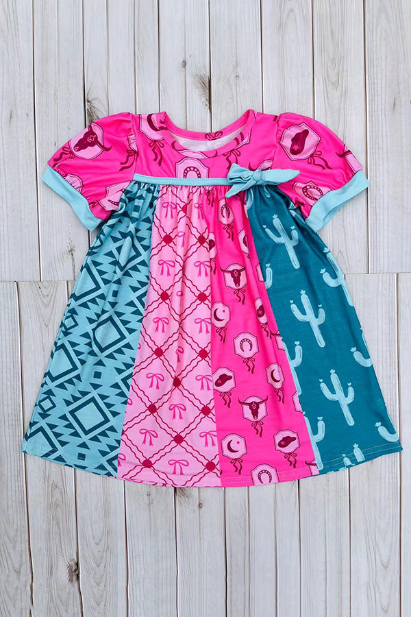 Western turquoise pink patchwork short sleeve girls boutique dress DLH2892