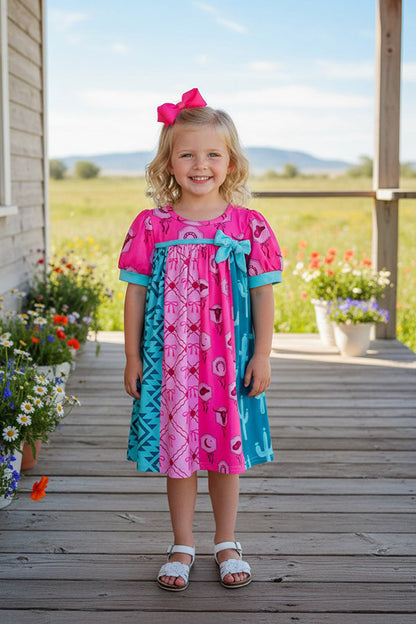 Western turquoise pink patchwork short sleeve girls boutique dress DLH2892