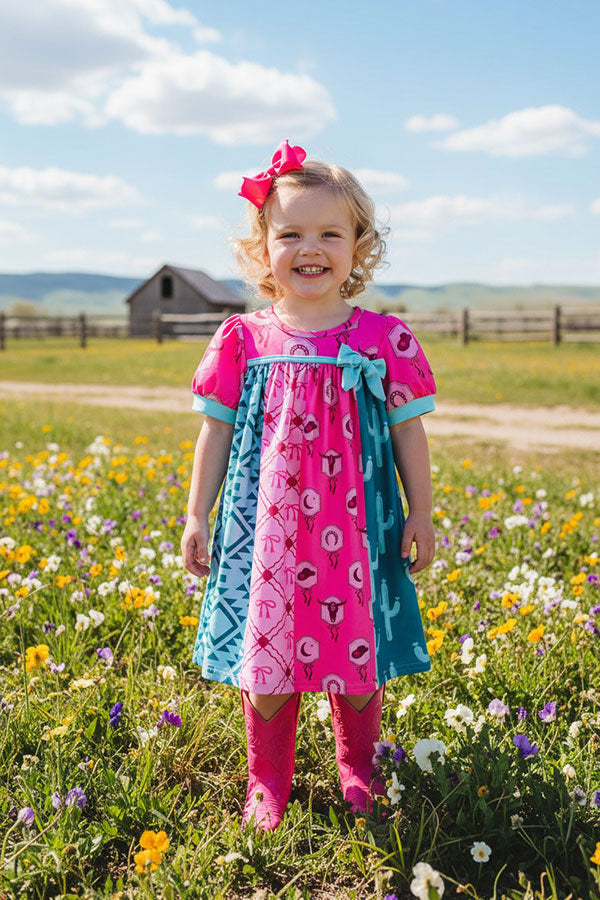 Western turquoise pink patchwork short sleeve girls boutique dress DLH2892