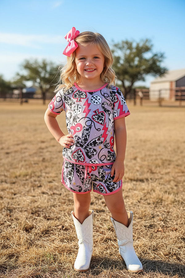 Western cow bows & 8 balls print top & shorts girls boutique set DLH2894