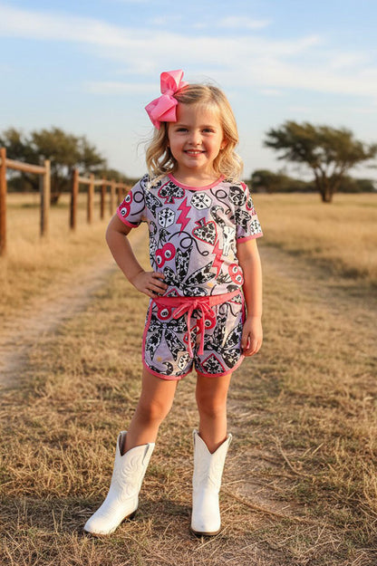 Western cow bows & 8 balls print top & shorts girls boutique set DLH2894