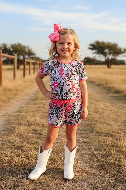 Western cow bows & 8 balls print top & shorts girls boutique set DLH2894