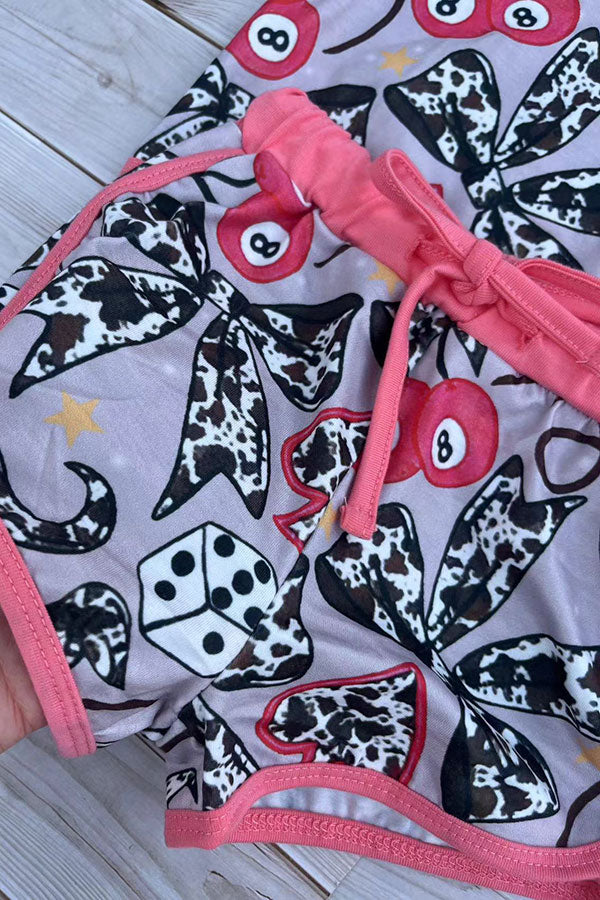 Western cow bows & 8 balls print top & shorts girls boutique set DLH2894