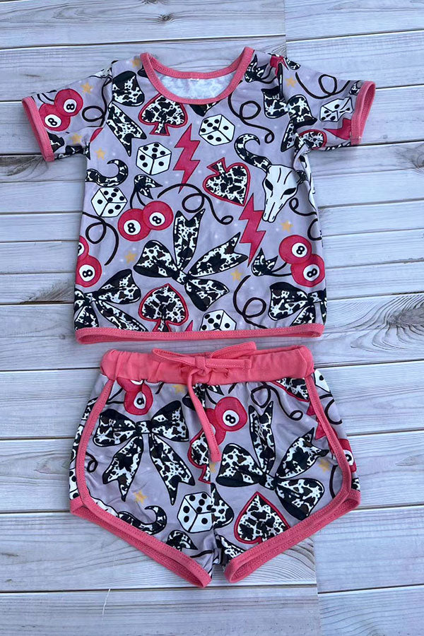 Western cow bows & 8 balls print top & shorts girls boutique set DLH2894