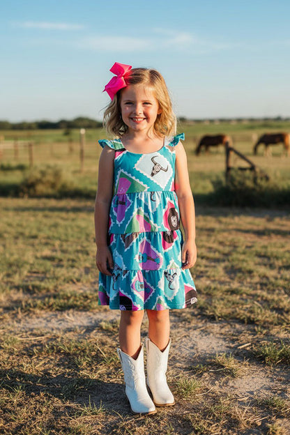 Western turquoise tiered swirl girls boutique dress DLH2895