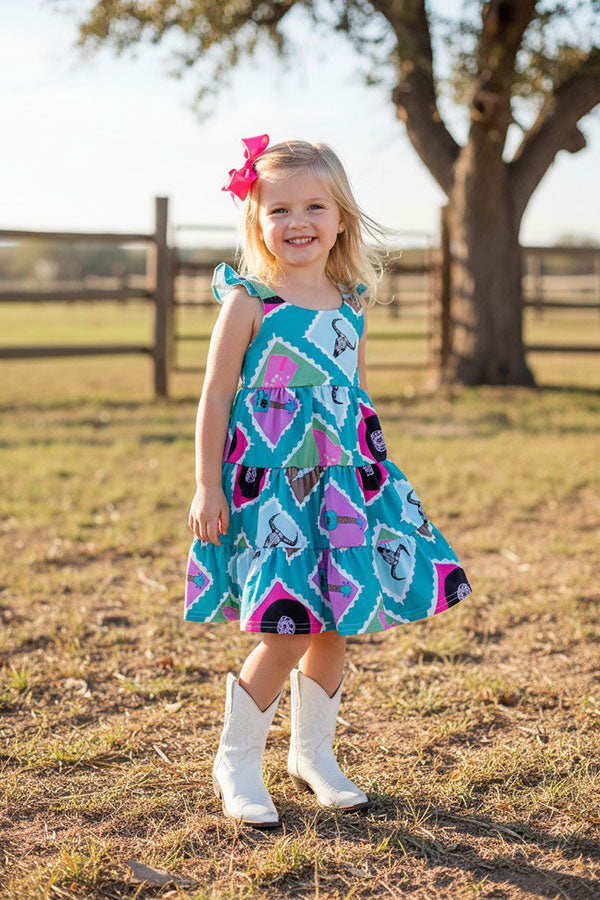 Western turquoise tiered swirl girls boutique dress DLH2895