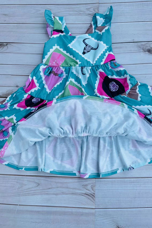 Western turquoise tiered swirl girls boutique dress DLH2895