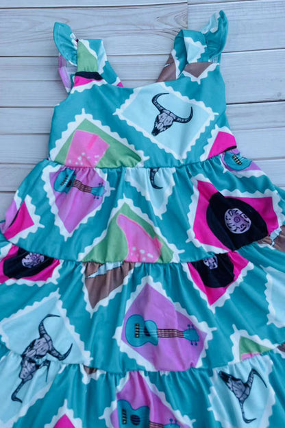 Western turquoise tiered swirl girls boutique dress DLH2895