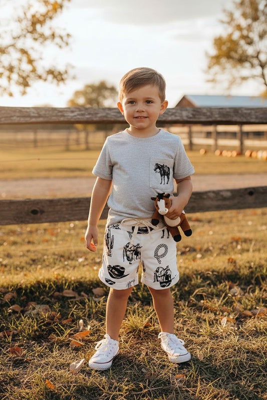 Western horse grey top & shorts boys boutique set DLH2896