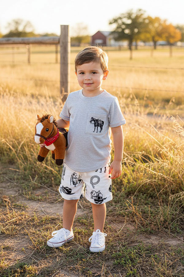 Western horse grey top & shorts boys boutique set DLH2896