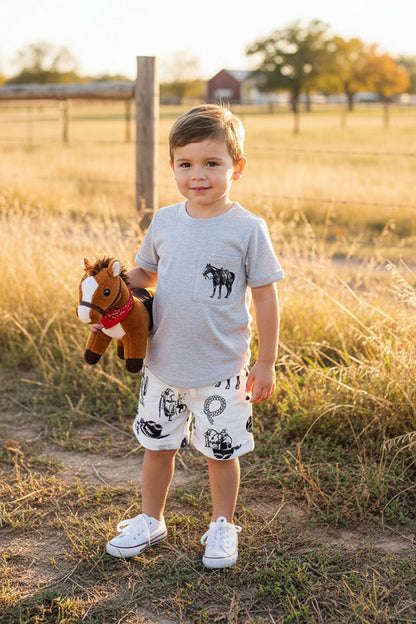 Western horse grey top & shorts boys boutique set DLH2896