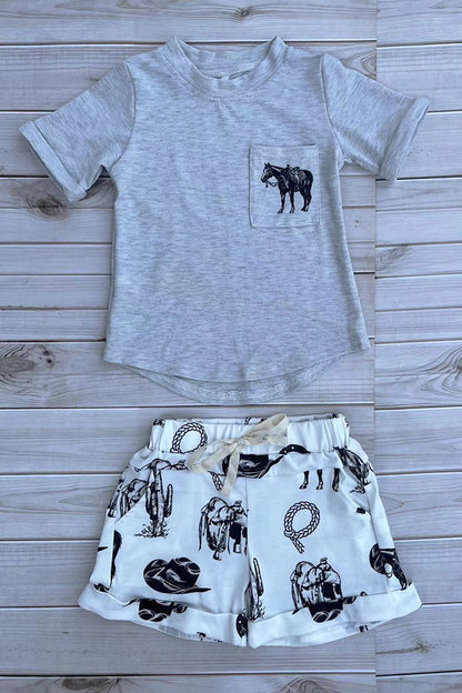 Western horse grey top & shorts boys boutique set DLH2896